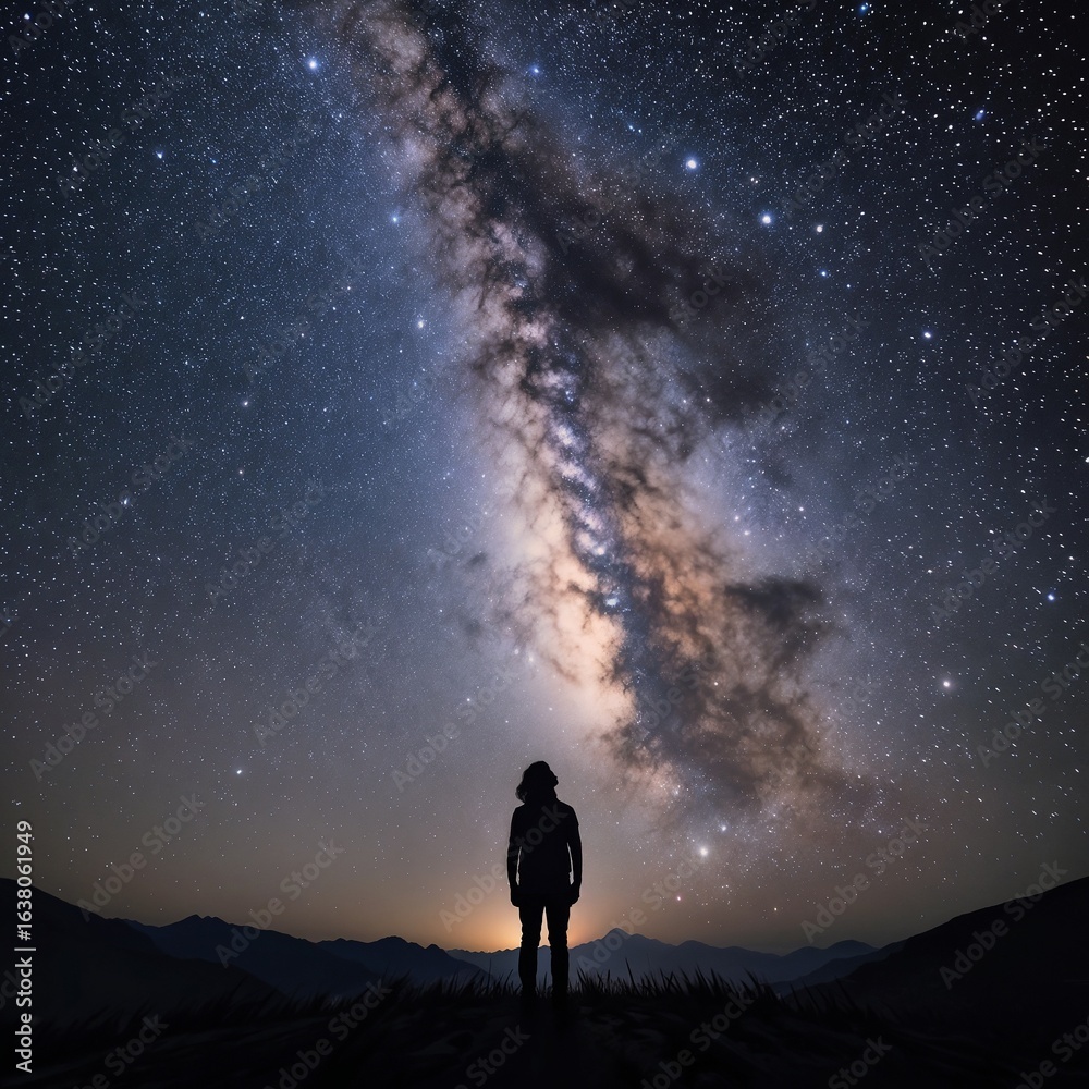 Fototapeta premium Silhouette of person gazing at Milky Way galaxy in night sky 