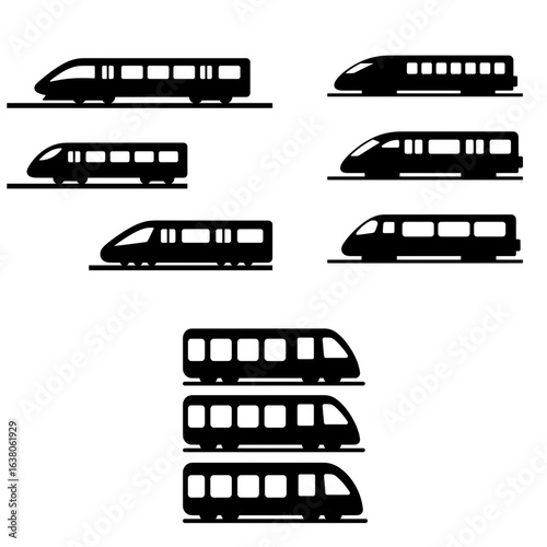 High-speed Rail Icons:  Modern, Minimalist Black Silhouettes, Transportation Graphics, Vector Illustration,  Various Sizes, Efficient Travel, Public Transit, Design Elements.