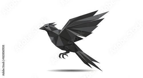 Angular grey bird illustration, wings outstretched, against a white background, low poly design