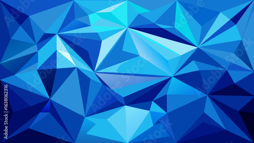 Vector art of abstract geometric low poly background with blue crystal facets and sharp edges, creating a modern and vibrant digital art pattern with light and shadow play