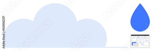 Large cloud, blue water droplet, and a file management interface symbolizing storage, data management, and environmental impact. Ideal for technology, cloud computing, storage, data backup