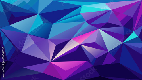Vector art of vibrant abstract geometric low poly background featuring a blend of blue and purple crystal facets, creating a modern digital art pattern with striking light and shadow