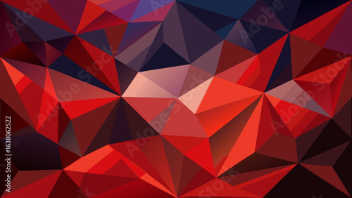 Vector art of abstract geometric pattern with vibrant red polygons and a low poly design, creating a dynamic and modern crystallike texture with a faceted surface