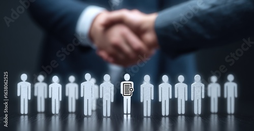 Business handshake, surrounded by a group of people.  A chosen candidate