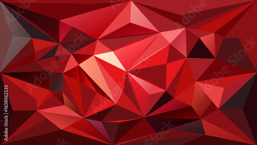 Vector art of deep red abstract geometric pattern with a low poly crystal texture, showcasing a modern faceted design with vibrant triangular shapes and dynamic visual energy