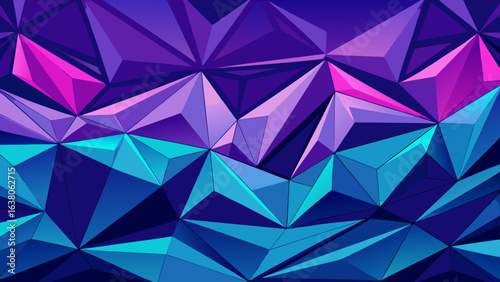 Vector art of abstract geometric low poly pattern with vibrant blue, purple, and pink neon colors, forming a modern digital art background with a futuristic feel
