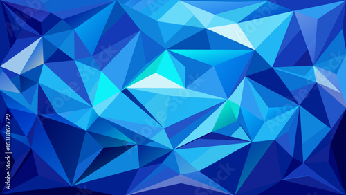 Vector art of abstract geometric low poly background in vibrant shades of blue and cyan, creating a cool, modern digital art pattern with a crystalline texture