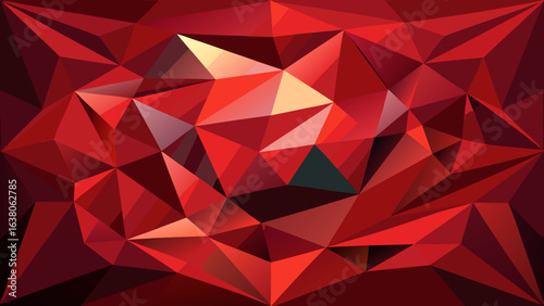 Vector art of abstract geometric red crystal background with many facets and light reflections, a vibrant digital design with a low poly pattern