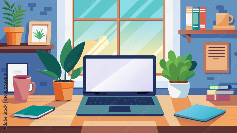 Fototapeta premium Vector art of modern home office desk with laptop, plants, and books, creating a productive and comfortable workspace for remote work and study