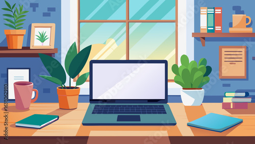 Vector art of modern home office desk with laptop, plants, and books, creating a productive and comfortable workspace for remote work and study