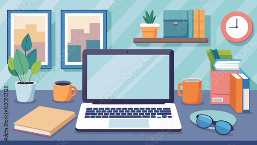 Vector art of a modern home office desk setup featuring a laptop, books, plants, and mugs, creating a productive and comfortable workspace for remote work or study
