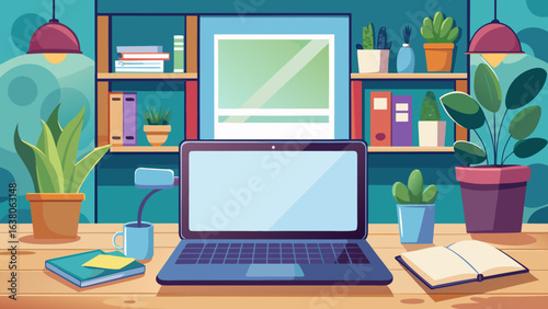 Vector art of a cozy home office setup featuring a laptop, books, plants, and a lamp on a wooden desk, creating a comfortable and productive workspace for remote work or study