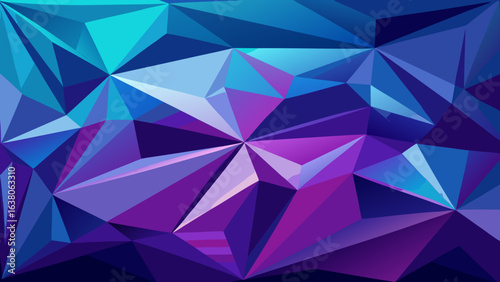 Vector art of abstract low poly geometric pattern featuring a striking gradient of deep blue, vibrant purple, and electric cyan, perfect for modern design