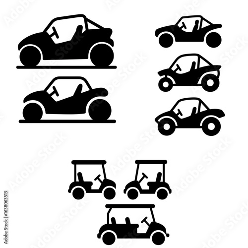 Black and White Silhouette Icons:  Buggies, Golf Carts,  Various Sizes,  Simple Design,  Transportation Graphics,  Vector Illustration,  Clean Minimalist Style.