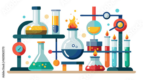 Vector art of colorful illustration of a chemistry laboratory setup with various glassware, liquids, and flames, representing scientific experiments and research
