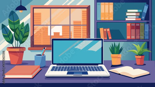 Vector art of cozy home study area with a laptop on a desk, surrounded by plants, books, and a window view, perfect for remote work or learning