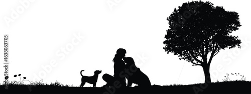 Silhouette of woman sitting with two dogs under a tree, peaceful nature scene, pet companionship, outdoor relaxation, calm environment, wildlife, friendship, leisure time