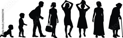 Silhouette showing human life stages from baby to elderly, growth development, aging process, childhood to old age, people evolution concept.