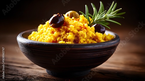 Fototapeta Naklejka Na Ścianę i Meble -  Yellow couscous in a dark bowl, garnished with olives and rosemary.