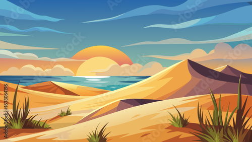 Vector art of vibrant desert landscape at sunset with rolling sand dunes, the sun setting over the ocean, and dramatic clouds painting the sky with warm colors