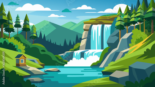 Vector art of serene waterfall flowing into a tranquil river, nestled amidst rolling green hills, dense forests, and distant mountains, with a small cabin nearby