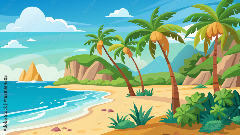 Obraz premium Vector art of idyllic cartoon illustration of a tropical coastline with lush green cliffs, sandy beach, clear blue water, and numerous palm trees under a bright sky