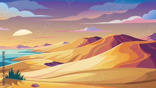 Vector art of serene desert scene with undulating sand dunes meeting the water at sunset, painted with warm, gradient colors