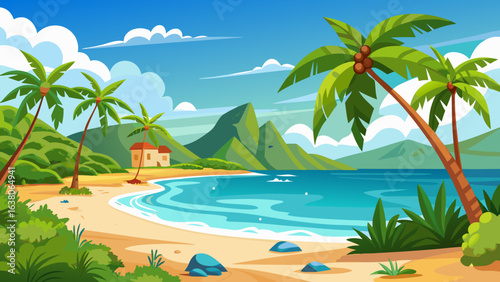 Vector art of idyllic tropical beach with palm trees, turquoise ocean, lush green mountains, and a charming house nestled on the shore under a bright blue sky