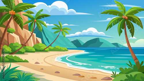 Vector art of serene tropical beach scene with curving sand, clear blue ocean, leaning palm trees, rocky cliffs, and distant green mountains under a sunny sky