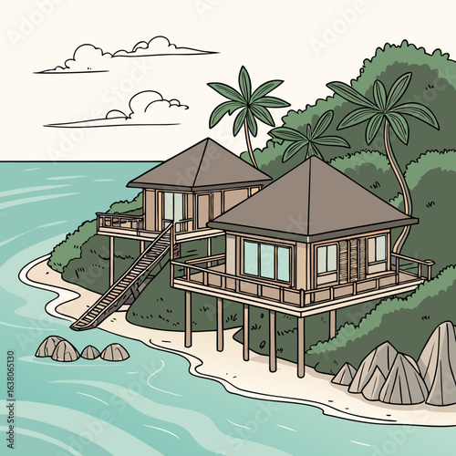Exotic island with overwater bungalows.