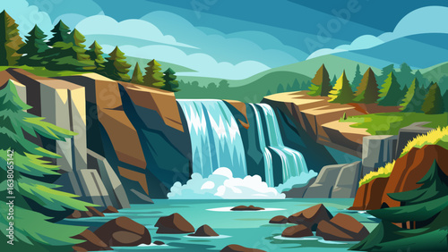 Vector art of a majestic waterfall cascades down a rocky cliff into a serene river, surrounded by lush green forests and rolling hills under a bright blue sky with fluffy clouds
