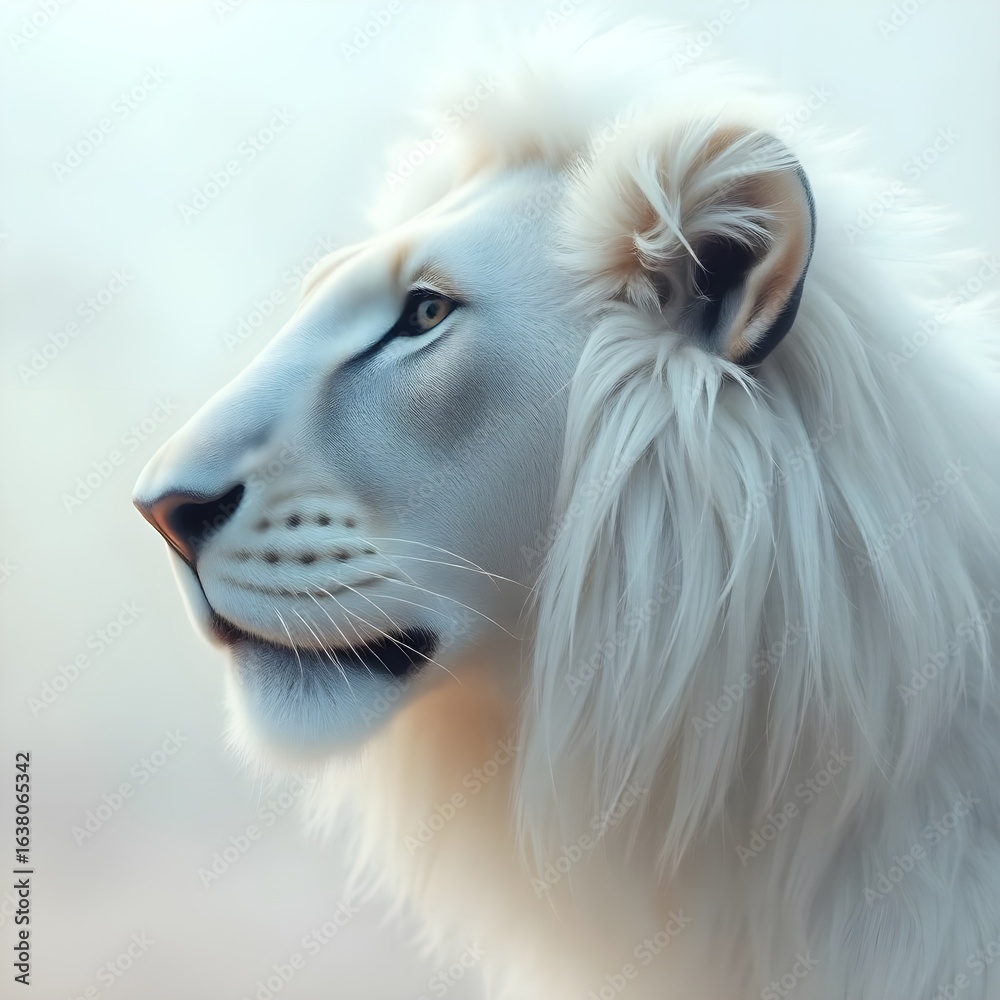 Fototapeta premium Celestial Lion Spirit: Ethereal White Lion Profile with Cosmic Ribbons & Nebula Halo in Starry Space - Mystical Digital Art of Divine Majesty