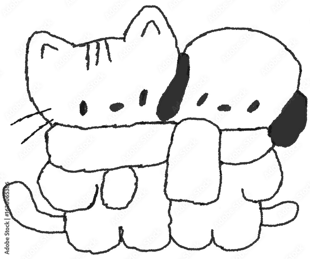 Fototapeta premium 목도리 두른 고양이와 강아지 선 손그림 스티커