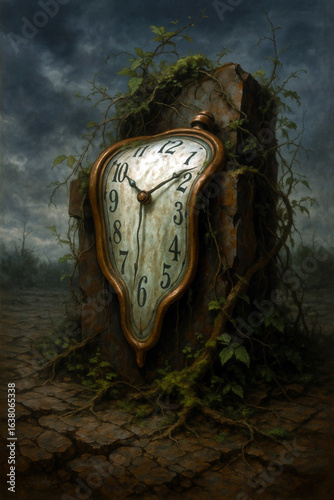 Surreal Melting Clock Overgrown with Vegetation on a Desolate Landscape Symbolizing Decay, Time, and Forgotten Worlds