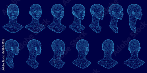 Wireframe human heads arranged in a grid pattern on a blue background, each with unique shapes and sizes. The 3D effect creates a realistic and lifelike appearance. Perfect for tech, design.