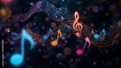 Music background with colorful musical notes on a black background. 4k video