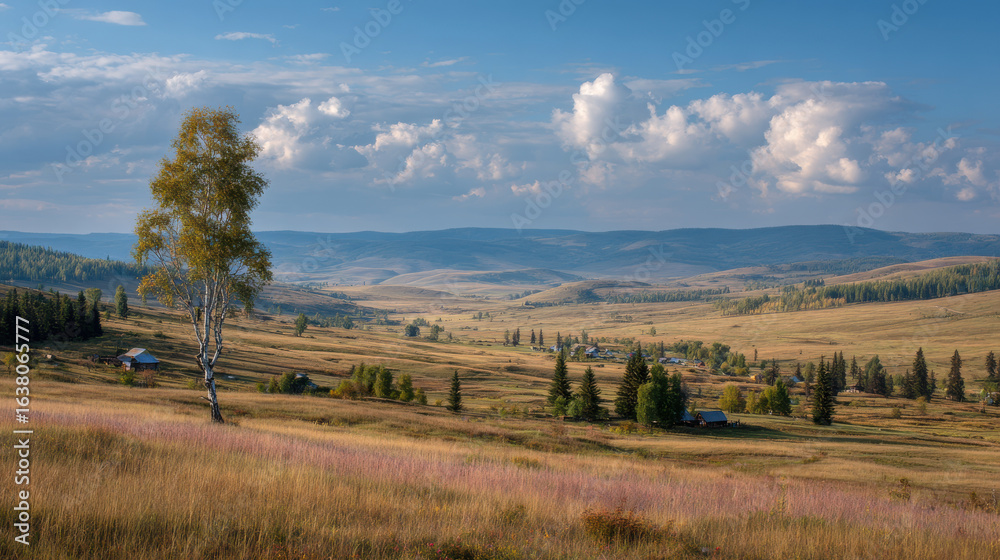 Fototapeta premium Wide open rural grassland landscape with scattered trees under blue sky ideal for nature tourism farming countryside and outdoor scenic photography