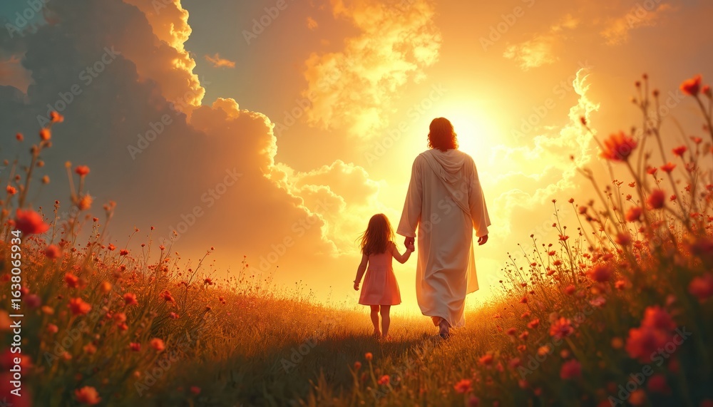 Naklejka premium Jesus Christ leads young girl hand-in-hand through sunlit field of flowers, walking towards radiant light. Digital painting captures moment of serenity, hope, divine love, with backlit silhouette