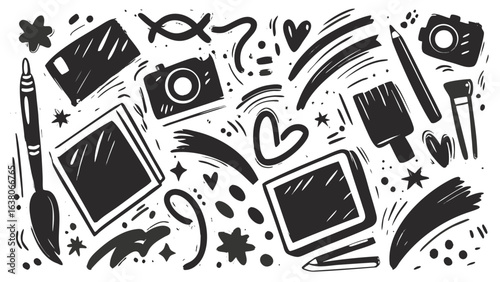 Collection of art and photography tools including cameras brushes and photo frames in black and white