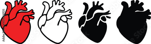 Stylized human heart in colorful, line art and silhouette versions