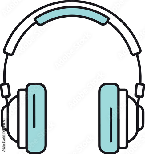 A simple graphic illustration of over-ear headphones with a black outline and light teal colored cushions.
