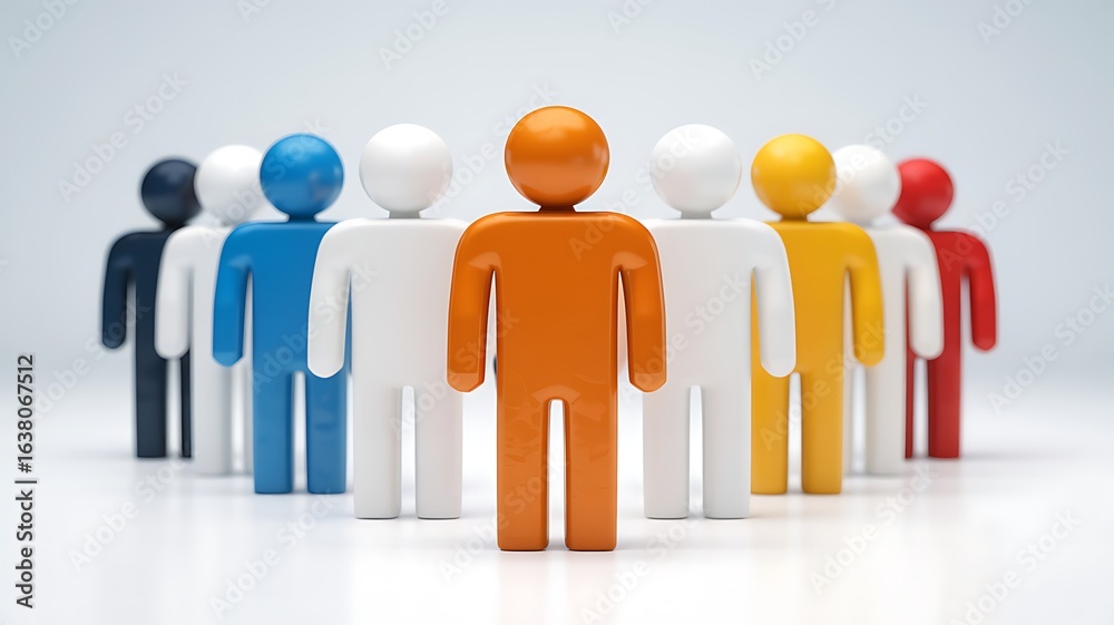 Diverse group of colorful plastic figures standing together in a line with an orange leader in front representing teamwork and unity Diverse group of colorful plastic figures standing together in a line with an orange leader in front representing teamwork and unity