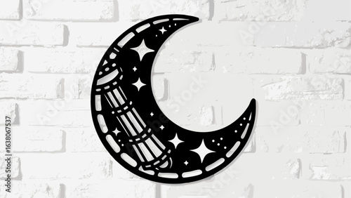 Black crescent moon with stars and a telescope silhouette against a white brick wall background design art