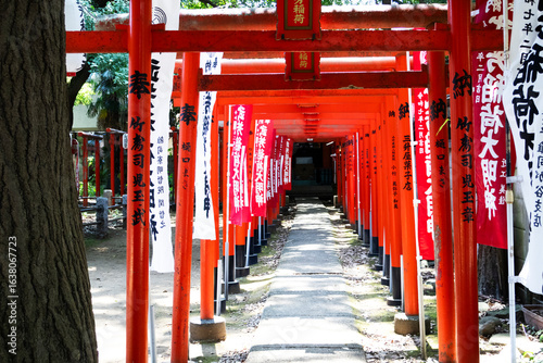 Photography Shinto element red torii gates to Takeyori Inari Shrine in Kishimojin Temple ded