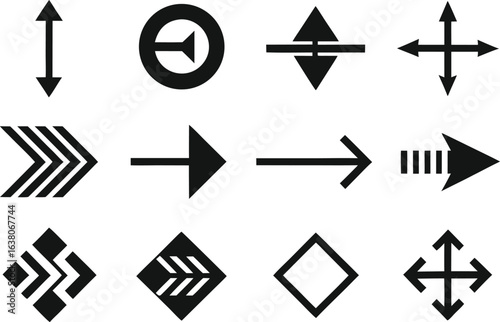 Collection of various black arrow and directional icons on white background