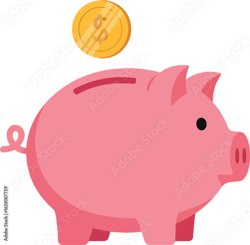 A shiny gold dollar coin is being dropped into the slot of a cute pink piggy bank.