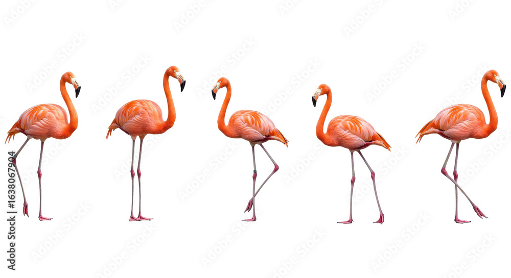 Fototapeta premium Group of five flamingos isolated PNG with Transparent Background