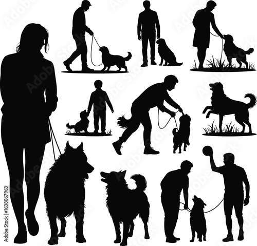 Silhouettes of people walking dogs, training dogs, playing with pets, outdoor dog activities, pet care, animal bonding, leash walking.