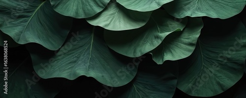 Dark green abstract background featuring overlapping tropical leaves with monochromatic texture. Features large, foliage creating natural, organic, rich pattern. Ideal for design backgrounds,