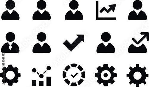 Manager icon set. Containing leadership, supervision, hiring, coaching, management, development, organization, teamwork and delegation icons. Solid icons collection. Vector illustration.
